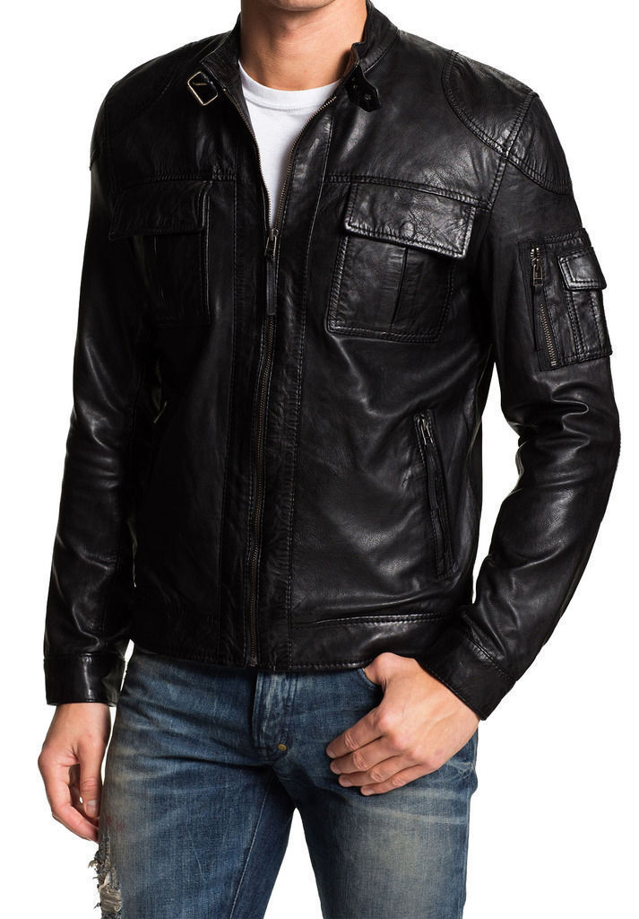 Men's Black Genuine Lambskin Leather Slim Fit Biker Motorcycle Jacket - FL412 - $79.19