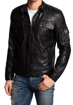 Men's Black Genuine Lambskin Leather Slim Fit Biker Motorcycle Jacket - FL412 - £63.15 GBP