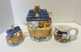 Cookie Candy Jar Noah&#39;s Ark with Creamer Covered Sugar and Spoon Animals Ceramic - £19.68 GBP