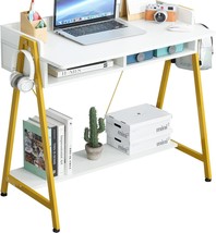 (White Gold, 32X18X31.5 Inch) Teamix 32 Inch White And Gold Desk, Small Desk For - £67.90 GBP