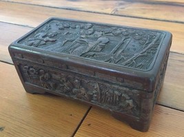 Vtg Antique 30s Asian Hand Carved Dark Wood 3 Compartment Jewelry Trinket Box - £235.36 GBP