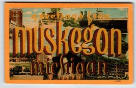 Greetings From Muskrgon Michigan Large Big Letter Postcard Linen Dexter 1948 - £95.41 GBP