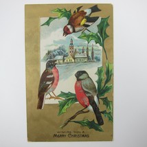 Antique Christmas Postcard Snowy Village Houses Church Birds Gold Embossed 1910 - £11.79 GBP