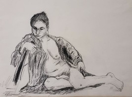 Signed Herbert Kosow Nude Woman Sitting Charcoal Art Drawing Freeport, N... - $450.44