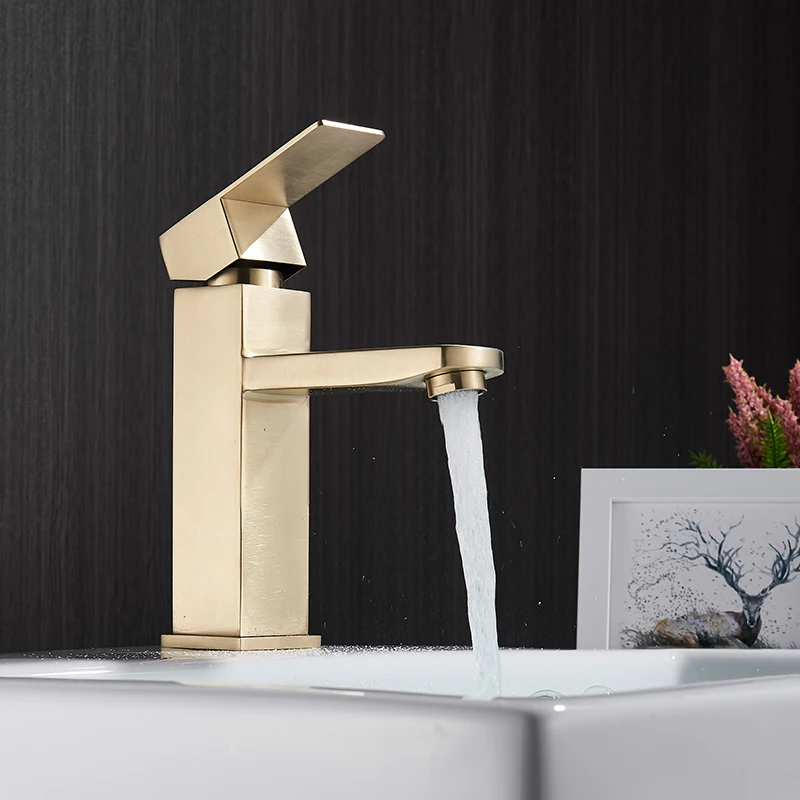 House Home Brushed Gold Basin Sink Faucet Single Lever Square Hot Cold Water Tap - £50.35 GBP