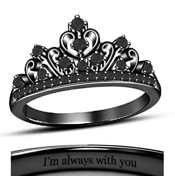 18K Black Gold Fn. Round Black CZ Diamond Disney Princess Crown Engagement Ring - $31.83