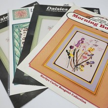 Vintage Four Daisies &amp; Lilies Floral Cross Stitch Sampler Patterns - $13.10