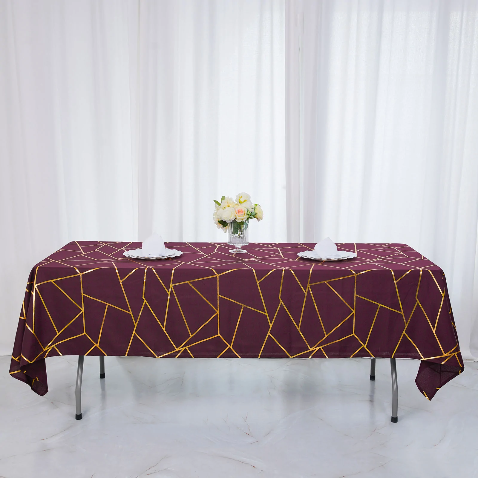 Burgundy - 60&quot;X102&quot; Tablecloth Polyester Rectangular Gold Foil Geometric - £24.26 GBP
