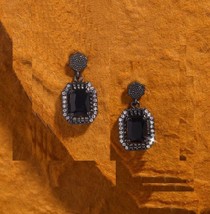 Black Onyx White Diamond Alternatives Dangle Earrings 14k Black Gold over 925 SS - $39.19
