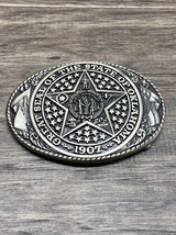 VINTAGE 1970s GREAT SEAL OF THE STATE OF OKLAHOMA BRASS BELT BUCKLE KG JD - $29.69