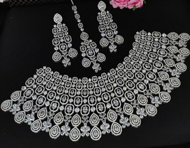 Indian Bollywood Style 925 Silver Plated Necklace Earrings Tikka CZ Jewelry Set - £297.77 GBP