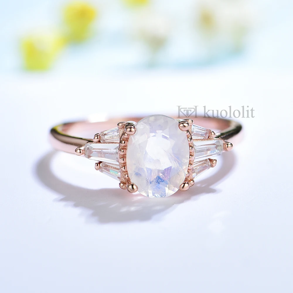 Natural Moonstone Rings for Women Solid 925 Sterling Silver Luxury Jewelry for W - £39.67 GBP