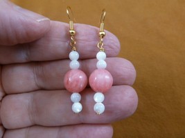 ee490-5) Pink Rhodochrosite + mother of Pearl gemstone gold tone dangle earrings - £14.13 GBP