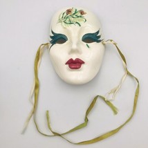 Mardi Gras Style Ceramic Mask White w/ Butterflies &amp; Ferns 6.75&quot;  x 5&quot; Ribbons - £9.72 GBP