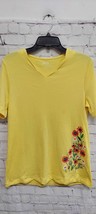 Blair Womens Yellow Floral Embroidery V-Neck Short Sleeve Pullover Top S... - £4.46 GBP