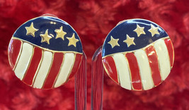 Vintage American Flag Earrings Round  4 Stars 7 Stripes Post Back 1” Circle - £9.16 GBP