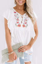 White Floral Embroidered Ruffled Lace-up V Neck Top - £18.49 GBP
