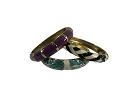 Lot 3 Enamel Bangle Bracelets Clamper Style Gold Tone Stackable Purple Green - $14.85