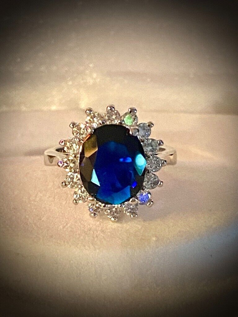 Primary image for Vtg Sapphire Cocktail Ring With Clear Rhinestones, Silver Tone and Free Earrings