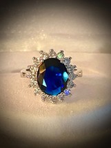 Vtg Sapphire Cocktail Ring With Clear Rhinestones, Silver Tone and Free ... - £19.95 GBP
