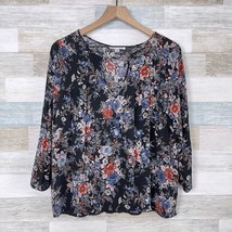 American Eagle Pom Hem Cut Out Neck Peasant Blouse Black Floral Womens Medium - £19.77 GBP