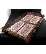 Vintage Hand-Carved Wood Serving Tray With Red &amp; White Inlaid Tiles 21&quot; ... - £23.65 GBP