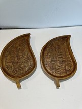 set of 2 Etched Wooden Leaf Pillar Candle Holder Plate Tray India 2008 12”x8” - £30.82 GBP