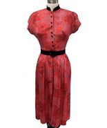 Authentic VTG 40s/50s Dale Lynn Silk Day Dress S Red Asian Print Velvet Trim - $281.11