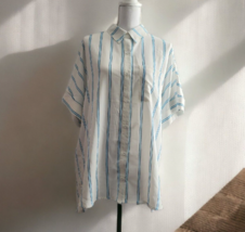 Women&#39;s size XL Short Sleeve Polyester Sky Blue Striped Collared Button ... - $7.91