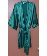 TURQUAZ LINEN EMERALD GREEN SATIN SHORT ROBE KIMONO SLEEVES POCKETS TIE S/M - $5.93