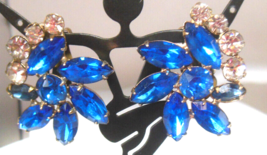 Vintage Dore&#39; Faceted Prong Set Blue &amp; Clear Rhinestone Clip-on Earrings - £27.15 GBP
