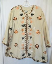 Vintage Tunic top Foreign Look Tan Brown Peach Butterflies Embroidered 2XL - £27.82 GBP