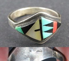 DE-CM Zuni Old Sterling Silver Turquoise Coral Onyx MOP Tribal Ring Size 6 - £52.30 GBP