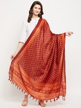 Silk Blend Rust &amp; Orange ethnic motifs printed dupatta, fringed border Free Ship - $14.77