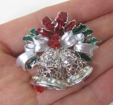 Vintage Silver Green red Enamel Rhinestone Christmas Sleigh Bells Brooch Pendant - £11.48 GBP