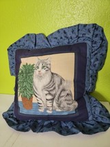 Vintage Fabric Cat Sitting Plant Pillow Decorative Blue  Kitty Kitten Tabby  - £10.79 GBP