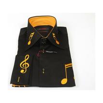 Men Axxess Turkey Shirt 100% Cotton Musical Note 224-56 French Cuffs Black Gold image 6