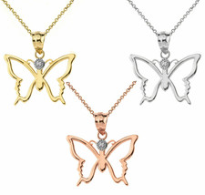 Solid Gold Diamond Butterfly Outline Openwork Resurrection Joy Pendant Necklace - £105.93 GBP+