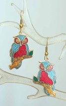 Elegant Aqua &amp; Red Genuine Cloisonne Enamel Owl Pierced Earrings 1970s V... - $17.95