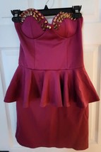 New Without Tags Burgundy Puplum Strapless Spiked Dress Size Medium - $40.00