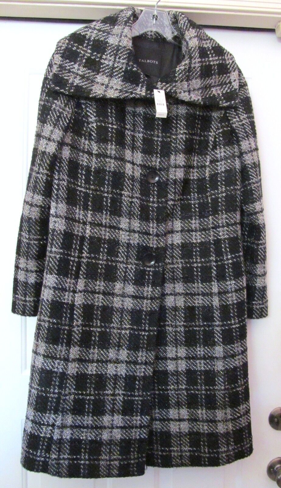 Primary image for TALBOTS Coat Raglan Sleeves Poly Blend Metallic Check Black Grey 8 NWT MSRP $329