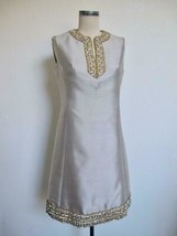 Vintage 60s Shantung Silk Sleeveless Sheath Mini Dress S XS Rhinestone Trim Mod - £64.94 GBP