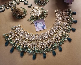 VeroniQ Trends-Heavy Bridal Handmade Kundan In Fluorite Green Beads Necklace - £541.23 GBP