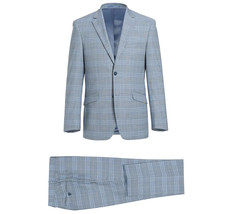 Mens Suit RENOIR English Plaid Window Pane Stretch Slim Fit Comfort 293-3 Blue - £123.40 GBP