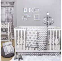 The Peanut Shell Grey/White Elephant Print &amp; Chevron Baby Crib Quilt #140877 - £27.69 GBP