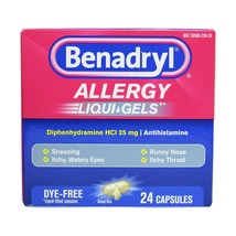 Benadryl Liqui-Gels Antihistamine Allergy Medicine &amp; Cold Relief, Dye Free, 24 c - $11.99