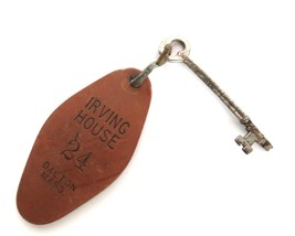 Vintage Skeleton Key on Leather Keychain Irving House Dalton MA Room # 24 - £7.85 GBP