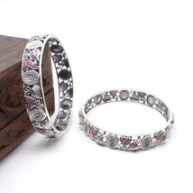 Cute Indian Real Sterling Silver Pink CZ Women Oxidized Bangles Pair - 6.2 CM - £143.90 GBP