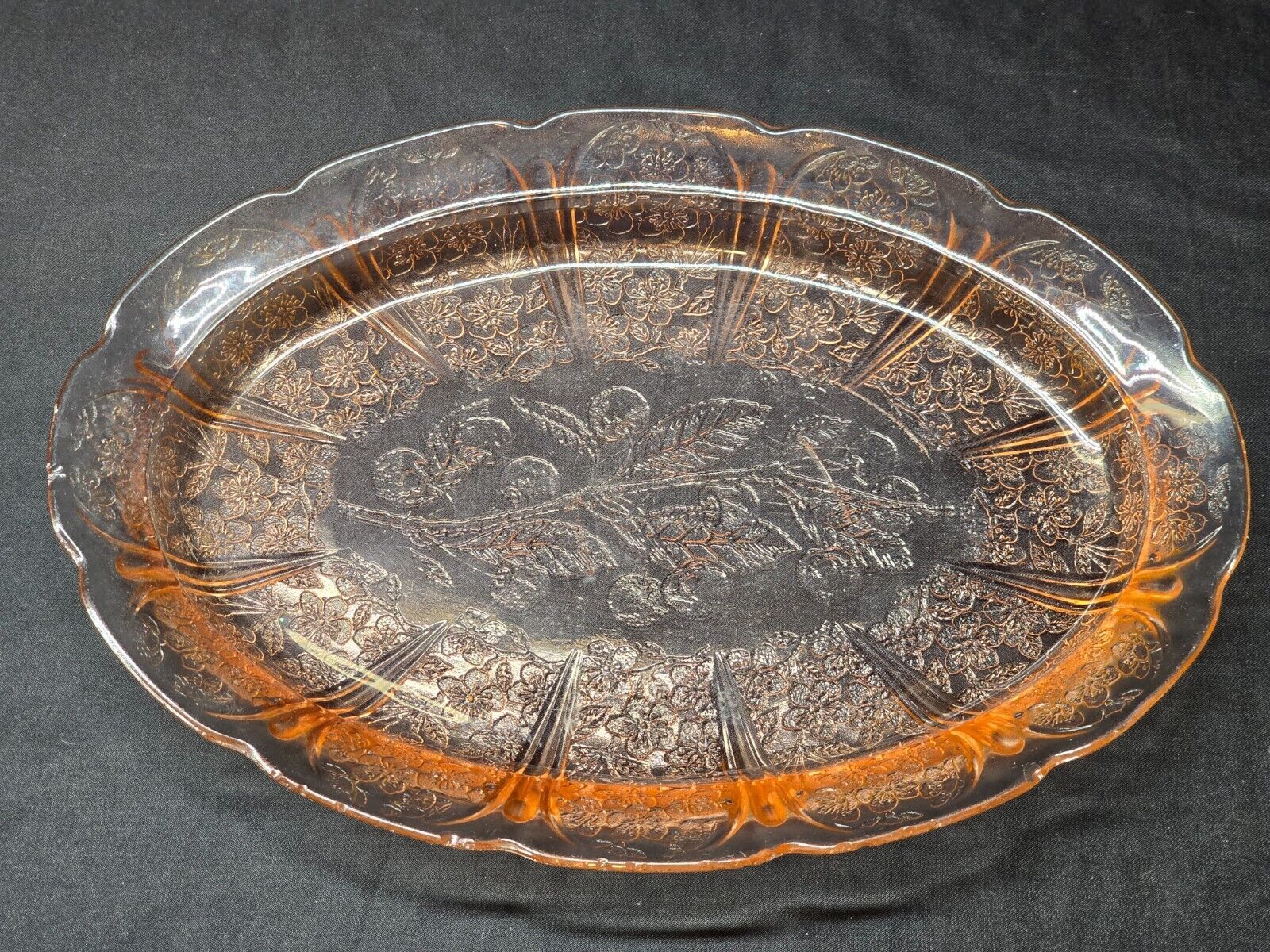 Vintage Jeannette Glass 11&quot; x 7.75&quot; Platter Tray Cherry Blossom Pink Dep... - $13.84