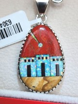 925 Sterling Coral and Created Opal Inlay Pueblo Village Pendant Necklace 20 in. - £51.15 GBP